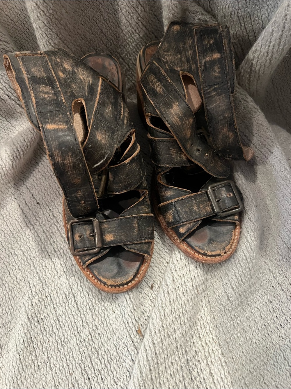Distressed Black Strappy Buckle Sandals